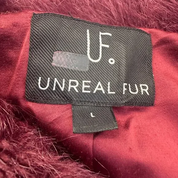Unreal Fur Burgundy Faux Fur Jacket LARGE Formal Glam Teddy Coat Designer $339
